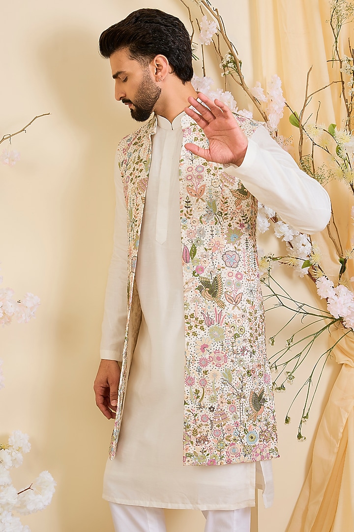 White Georgette Sequins Work Long Open-Jacket by Kasbah Clothing at Pernia's Pop Up Shop
