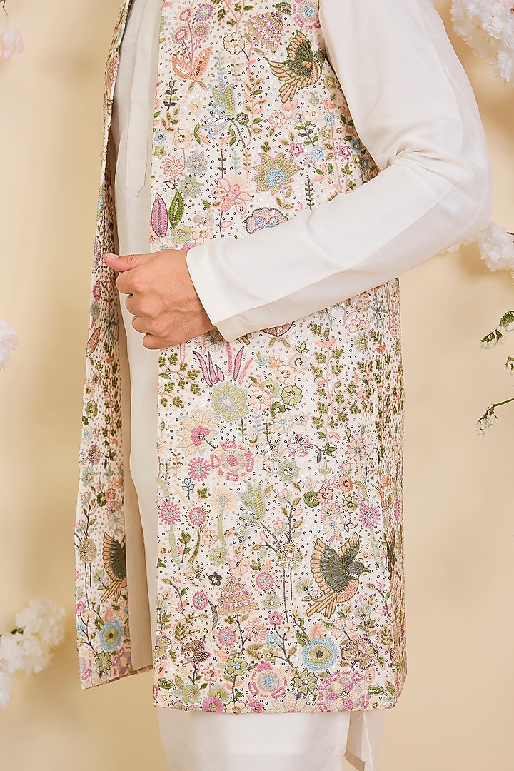 White Georgette Sequins Work Long Open-Jacket by Kasbah Clothing at Pernia's Pop Up Shop