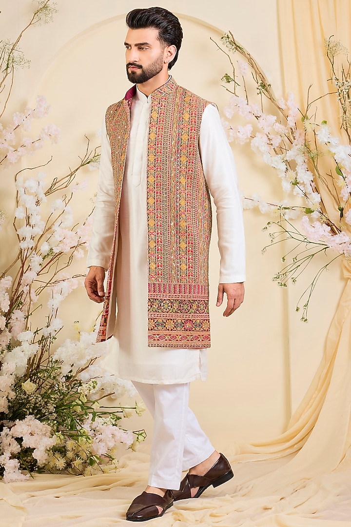 Pink Georgette Zari Embroidered Long Open-Jacket by Kasbah Clothing at Pernia's Pop Up Shop