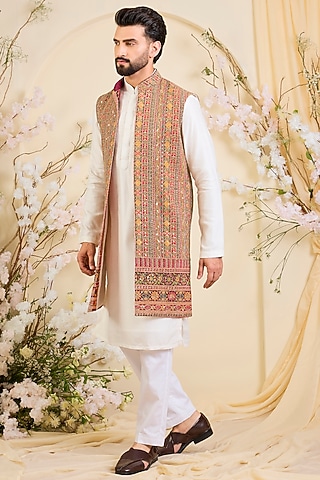 Pink Georgette Zari Embroidered Long Open-Jacket by Kasbah Clothing