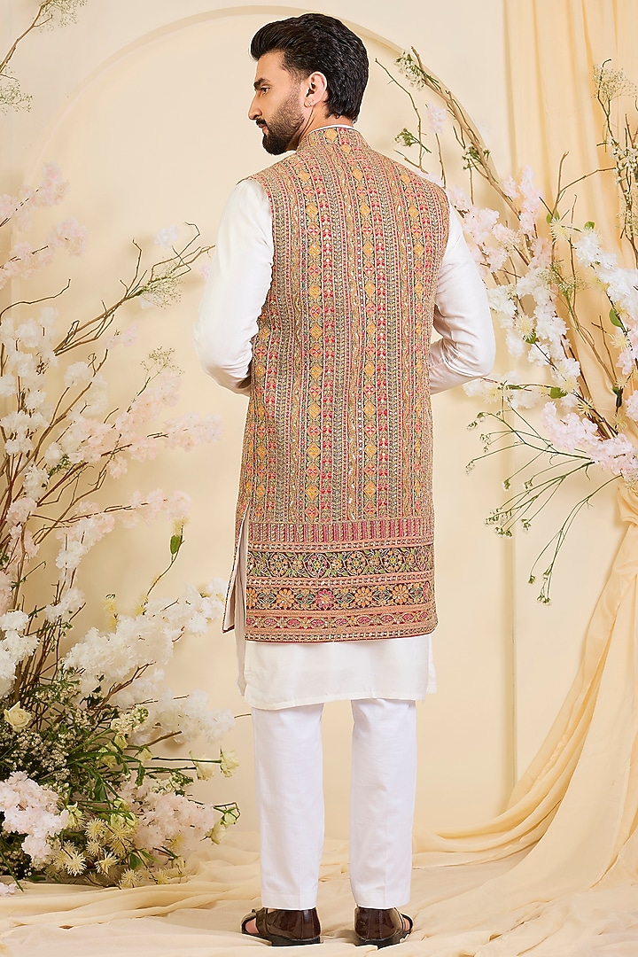 Pink Georgette Zari Embroidered Long Open-Jacket by Kasbah Clothing at Pernia's Pop Up Shop