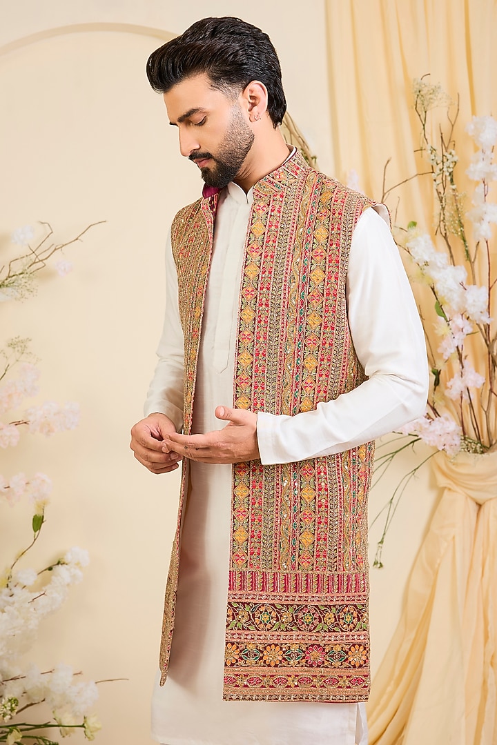Pink Georgette Zari Embroidered Long Open-Jacket by Kasbah Clothing at Pernia's Pop Up Shop