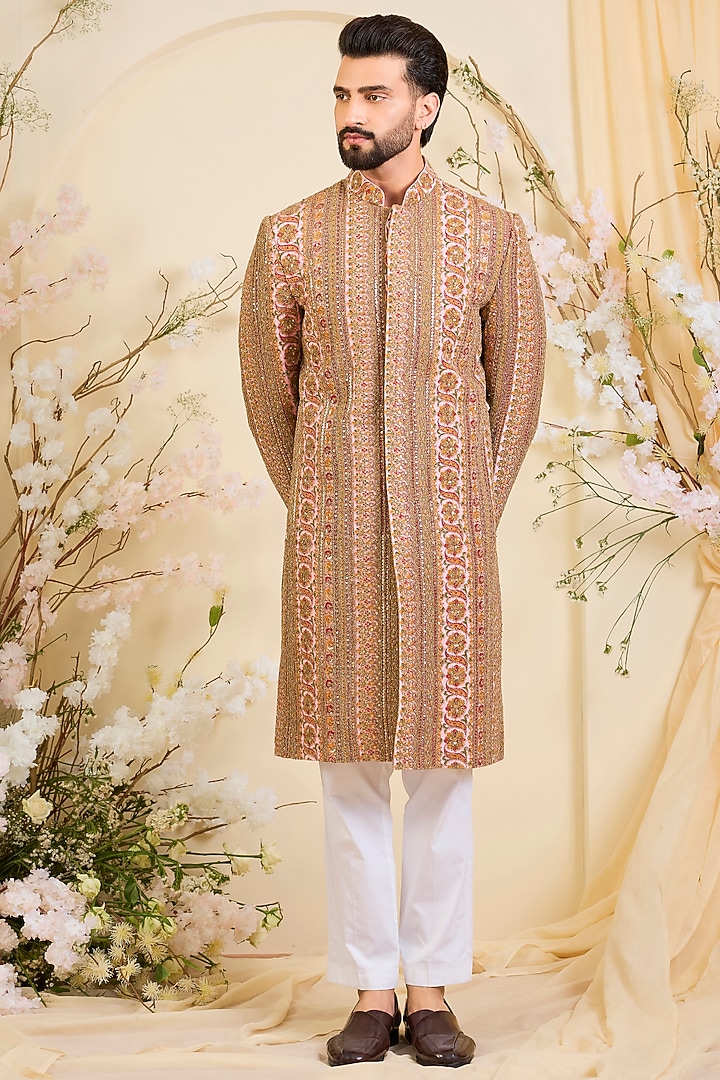 Pink Georgette Zari Embroidered Wedding Sherwani by Kasbah Clothing at Pernia's Pop Up Shop