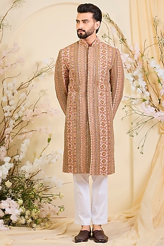 Pink Georgette Zari Embroidered Sherwani by Kasbah Clothing