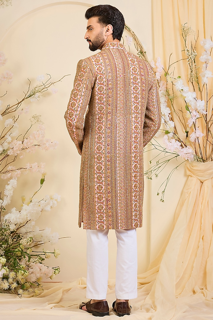 Pink Georgette Zari Embroidered Wedding Sherwani by Kasbah Clothing at Pernia's Pop Up Shop