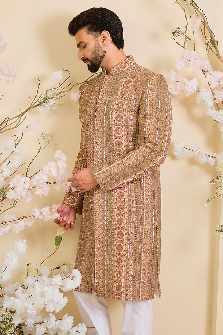 Pink Georgette Zari Embroidered Wedding Sherwani by Kasbah Clothing at Pernia's Pop Up Shop