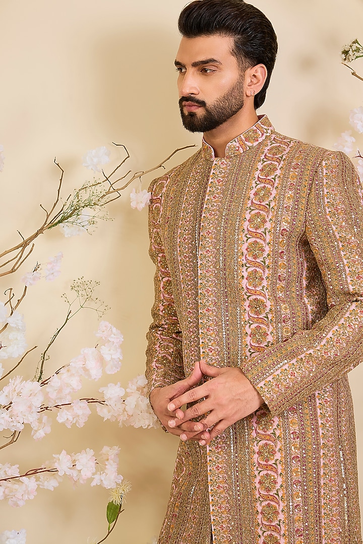 Pink Georgette Zari Embroidered Wedding Sherwani by Kasbah Clothing at Pernia's Pop Up Shop
