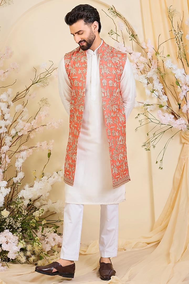 Orange Georgette Zari Work Long Open-Jacket by Kasbah Clothing at Pernia's Pop Up Shop