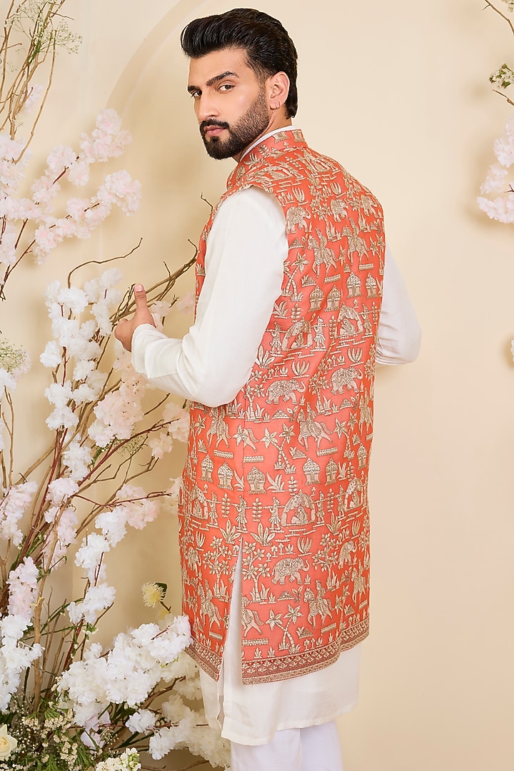 Orange Georgette Zari Work Long Open-Jacket by Kasbah Clothing at Pernia's Pop Up Shop