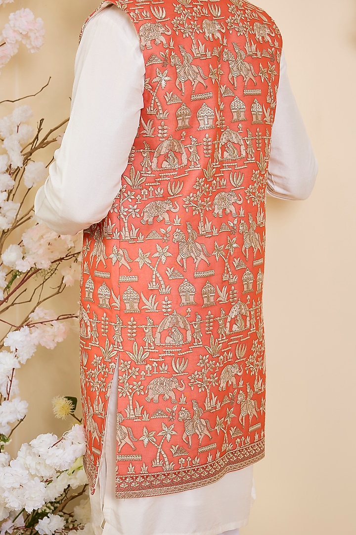 Orange Georgette Zari Work Long Open-Jacket by Kasbah Clothing at Pernia's Pop Up Shop