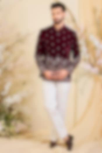 Maroon Velvet Hand Embroidered Wedding Bandhgala by Kasbah Clothing at Pernia's Pop Up Shop