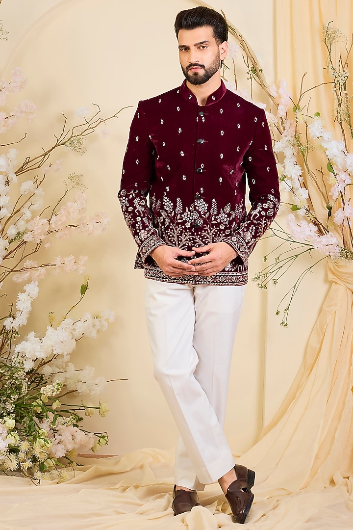 Maroon Velvet Hand Embroidered Wedding Bandhgala by Kasbah Clothing at Pernia's Pop Up Shop