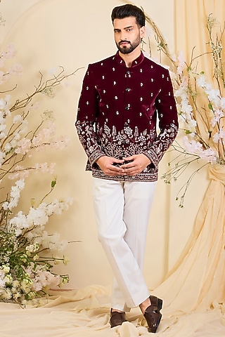 Maroon Velvet Hand Embroidered Bandhgala by Kasbah Clothing
