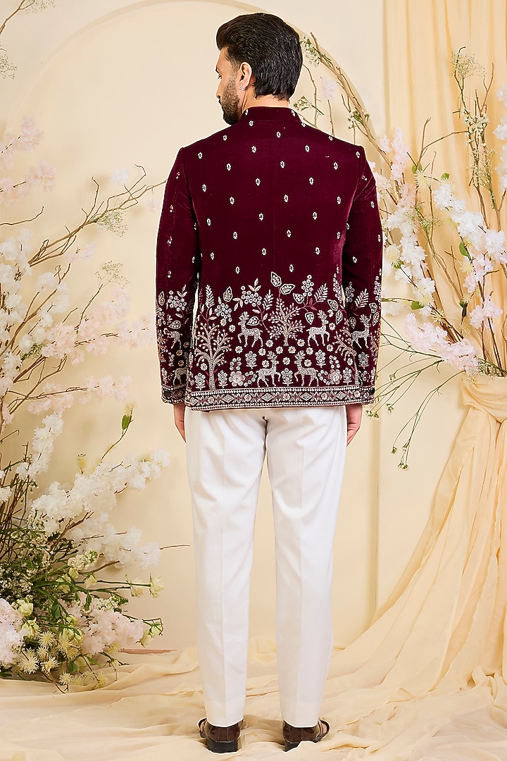 Maroon Velvet Hand Embroidered Wedding Bandhgala by Kasbah Clothing at Pernia's Pop Up Shop