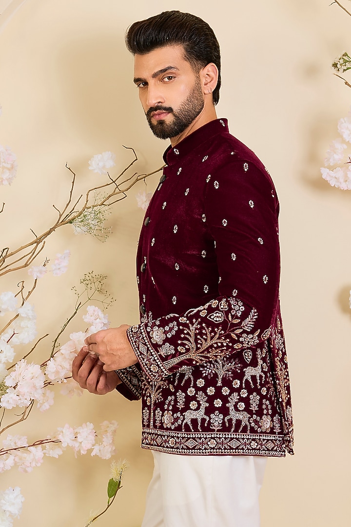 Maroon Velvet Hand Embroidered Wedding Bandhgala by Kasbah Clothing at Pernia's Pop Up Shop