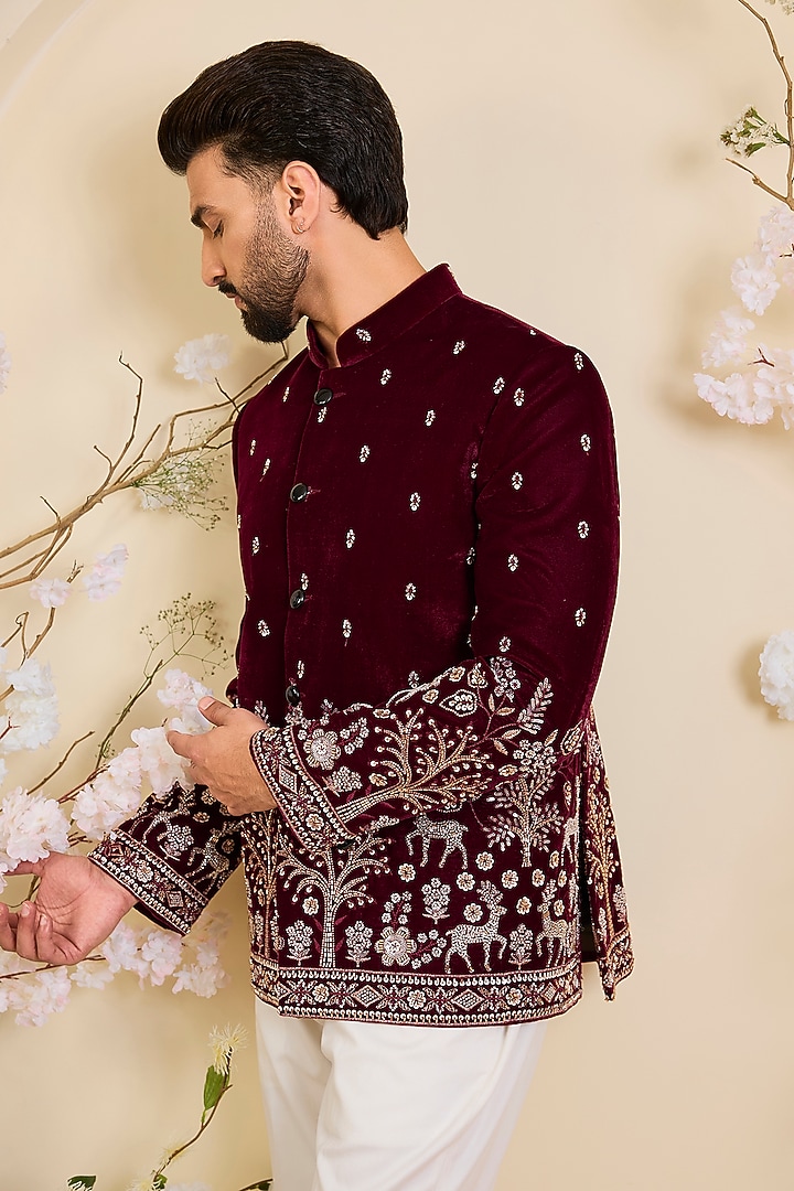 Maroon Velvet Hand Embroidered Wedding Bandhgala by Kasbah Clothing at Pernia's Pop Up Shop