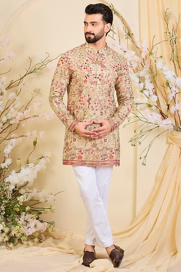 Golden-Cream Georgette Threadwork Short Kurta by Kasbah Clothing at Pernia's Pop Up Shop