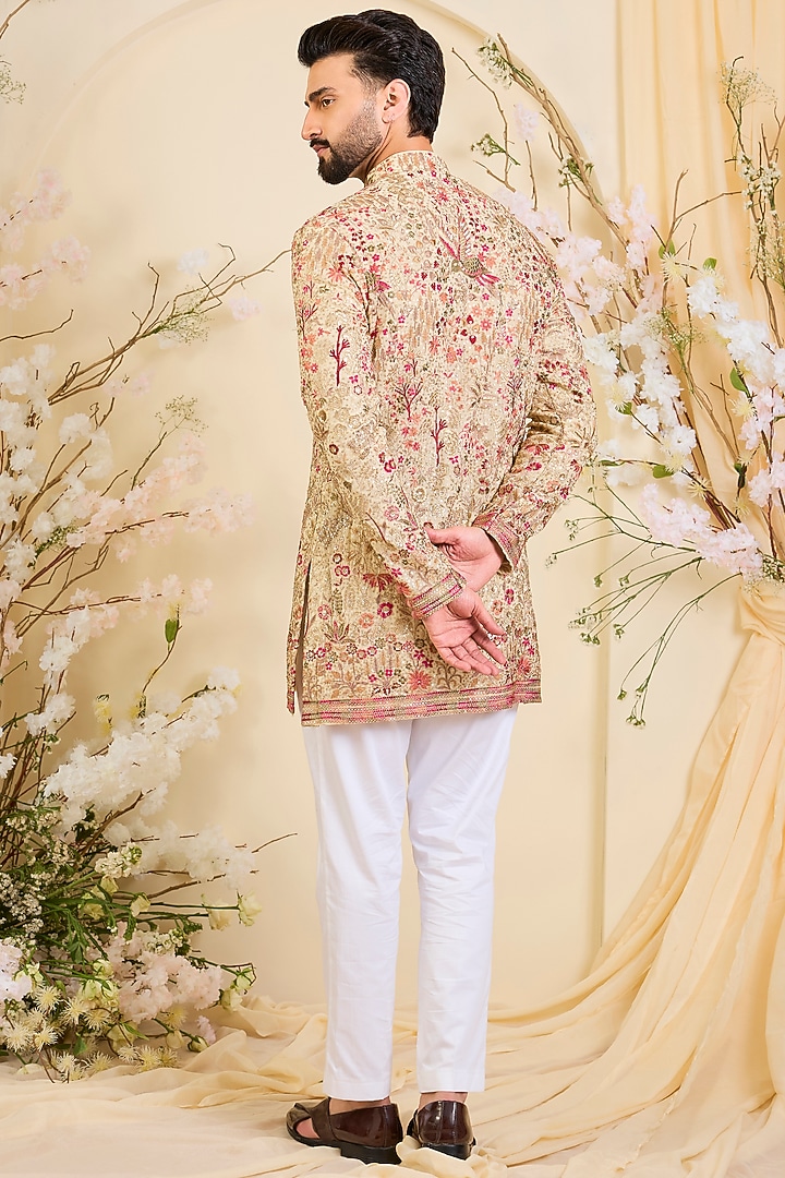 Golden-Cream Georgette Threadwork Short Kurta by Kasbah Clothing at Pernia's Pop Up Shop
