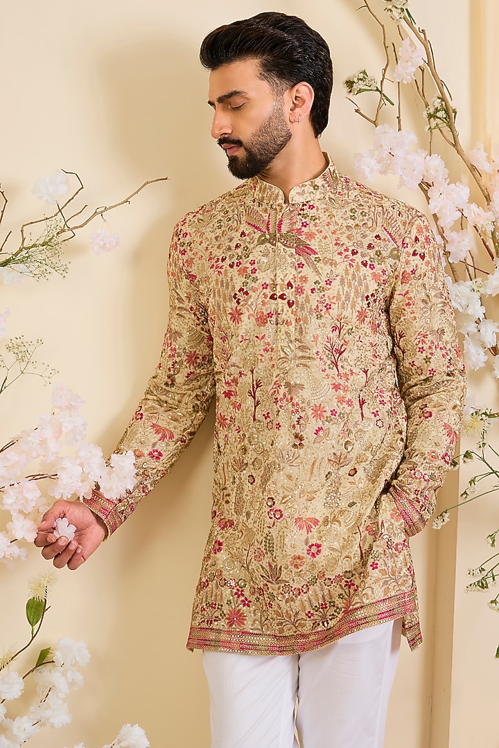 Golden-Cream Georgette Threadwork Short Kurta by Kasbah Clothing at Pernia's Pop Up Shop
