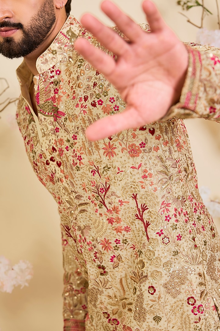 Golden-Cream Georgette Threadwork Short Kurta by Kasbah Clothing at Pernia's Pop Up Shop