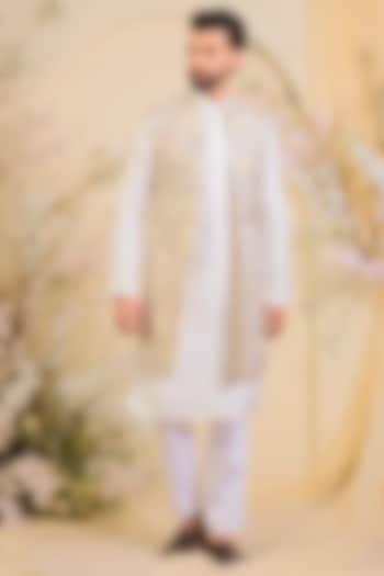 Beige-Cream Silk Embroidered Long Open-Jacket by Kasbah Clothing at Pernia's Pop Up Shop