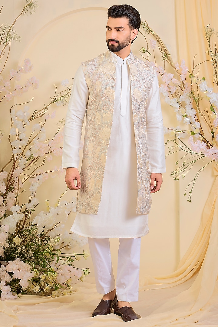 Beige-Cream Silk Embroidered Long Open-Jacket by Kasbah Clothing at Pernia's Pop Up Shop