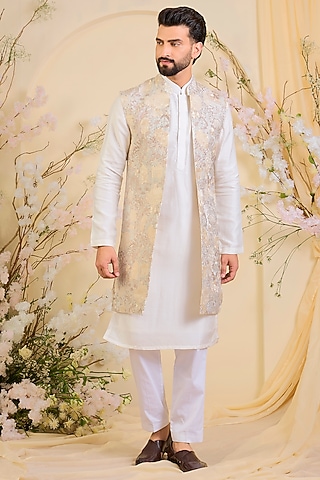 Beige-Cream Silk Embroidered Long Open-Jacket by Kasbah Clothing