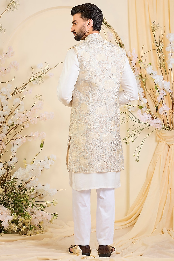 Beige-Cream Silk Embroidered Long Open-Jacket by Kasbah Clothing at Pernia's Pop Up Shop