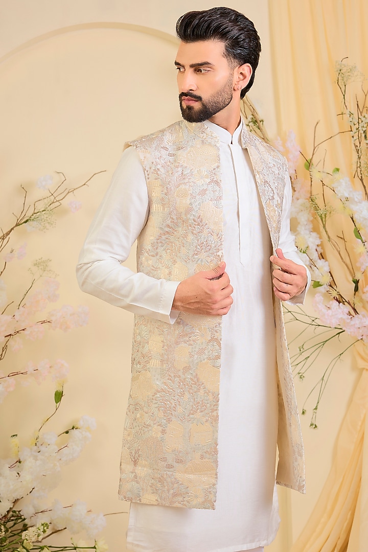 Beige-Cream Silk Embroidered Long Open-Jacket by Kasbah Clothing at Pernia's Pop Up Shop