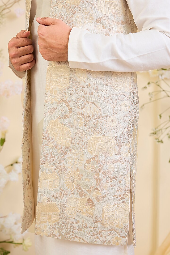Beige-Cream Silk Embroidered Long Open-Jacket by Kasbah Clothing at Pernia's Pop Up Shop