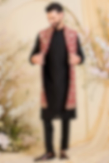 Red Georgette Zari Work Long Open-Jacket by Kasbah Clothing at Pernia's Pop Up Shop