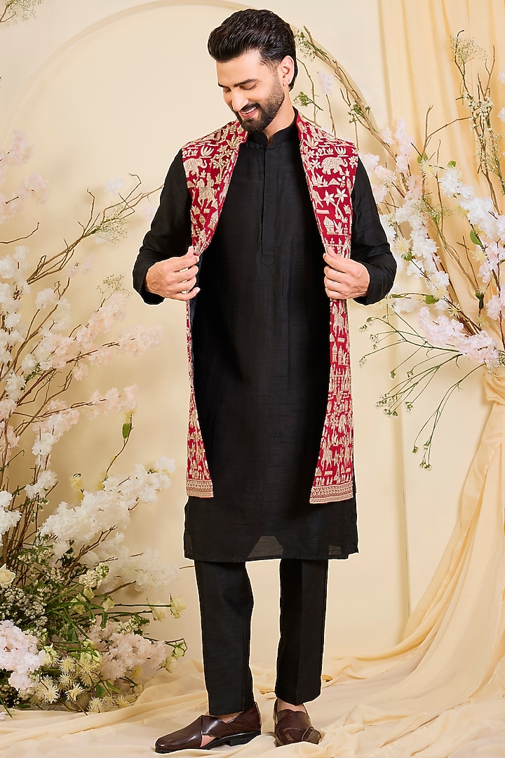 Red Georgette Zari Work Long Open-Jacket by Kasbah Clothing at Pernia's Pop Up Shop