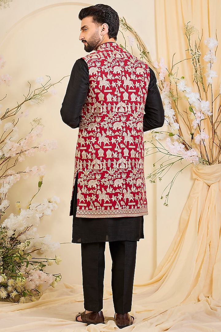 Red Georgette Zari Work Long Open-Jacket by Kasbah Clothing at Pernia's Pop Up Shop