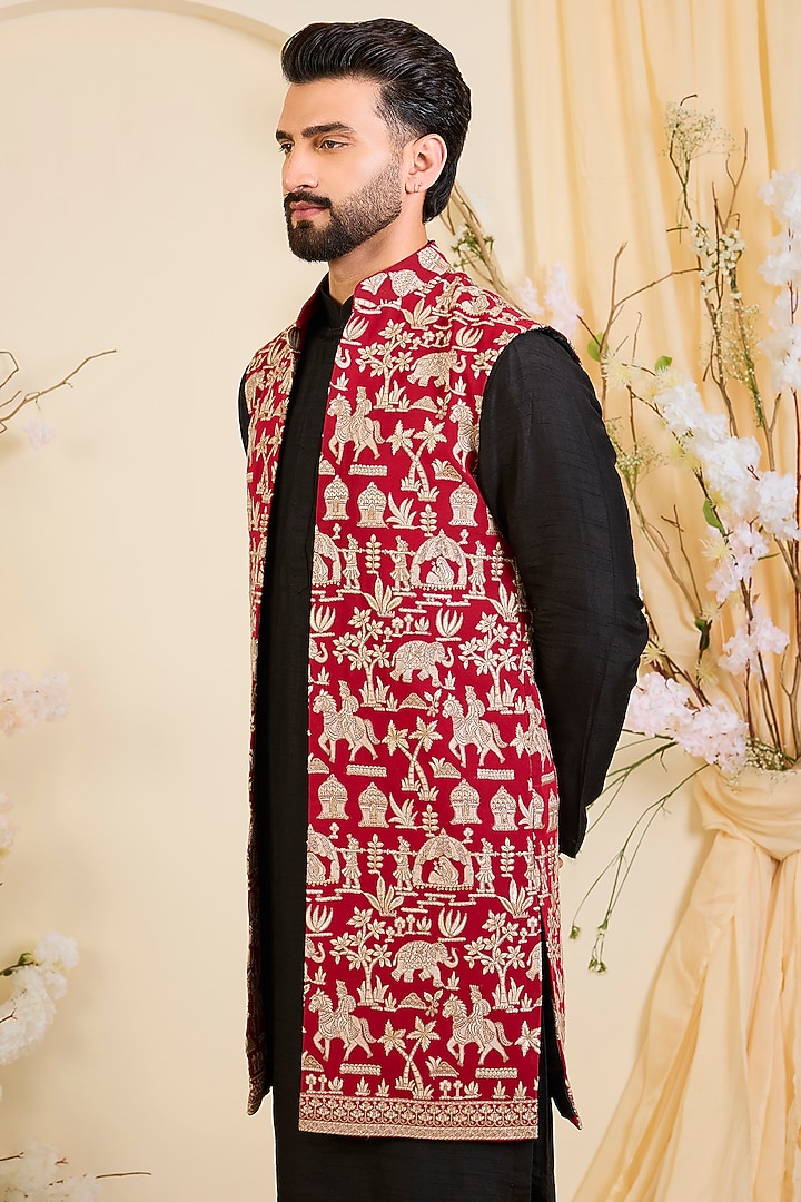 Red Georgette Zari Work Long Open-Jacket by Kasbah Clothing at Pernia's Pop Up Shop