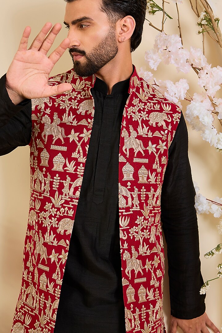 Red Georgette Zari Work Long Open-Jacket by Kasbah Clothing at Pernia's Pop Up Shop