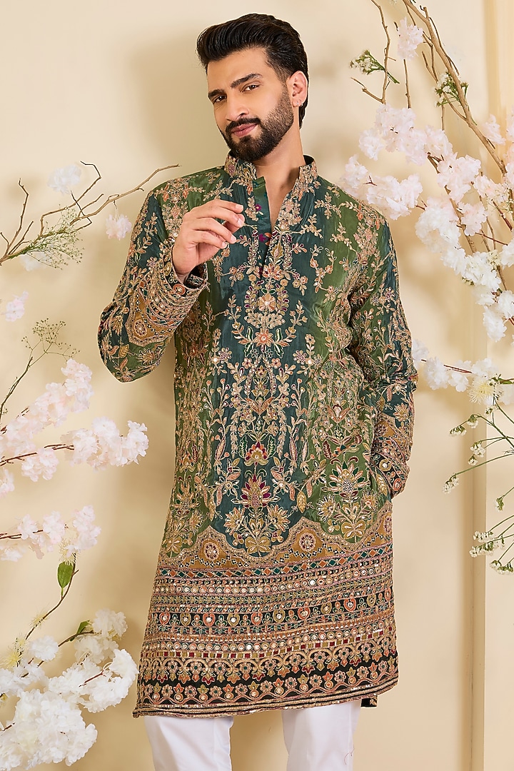 Green Crepe Printed & Zari Work Kurta by Kasbah Clothing at Pernia's Pop Up Shop