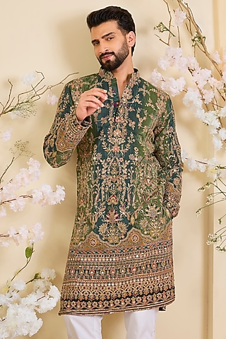 Green Crepe Printed & Zari Work Kurta by Kasbah Clothing