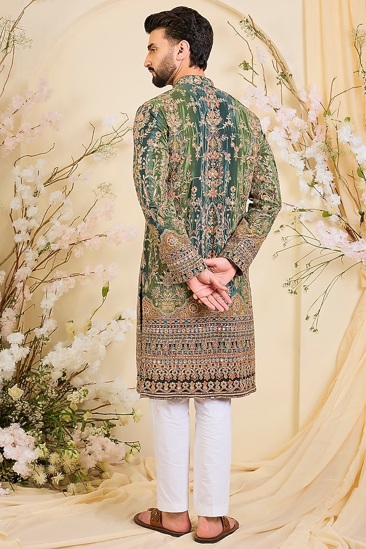 Green Crepe Printed & Zari Work Kurta by Kasbah Clothing at Pernia's Pop Up Shop