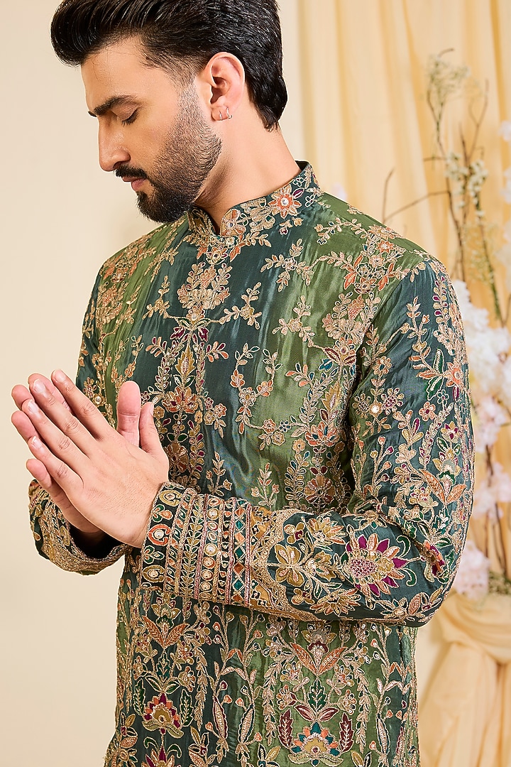 Green Crepe Printed & Zari Work Kurta by Kasbah Clothing at Pernia's Pop Up Shop