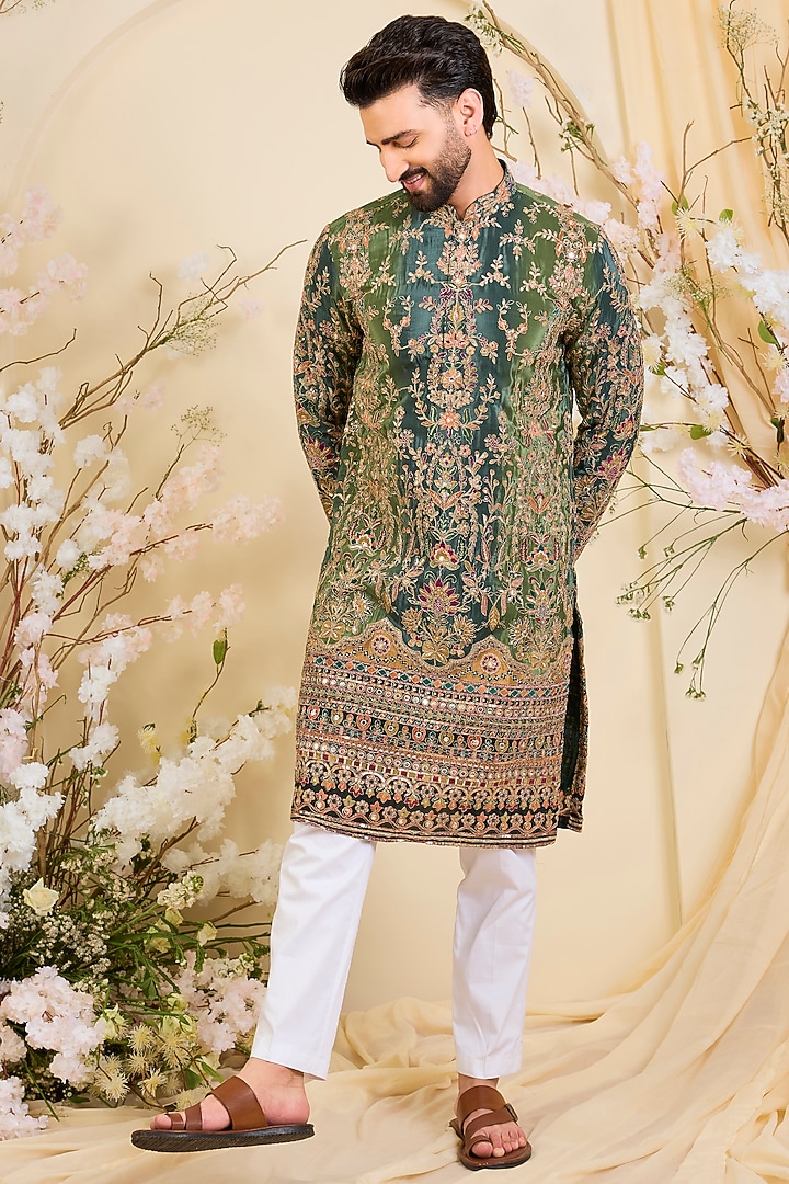 Green Crepe Printed & Zari Work Kurta by Kasbah Clothing at Pernia's Pop Up Shop