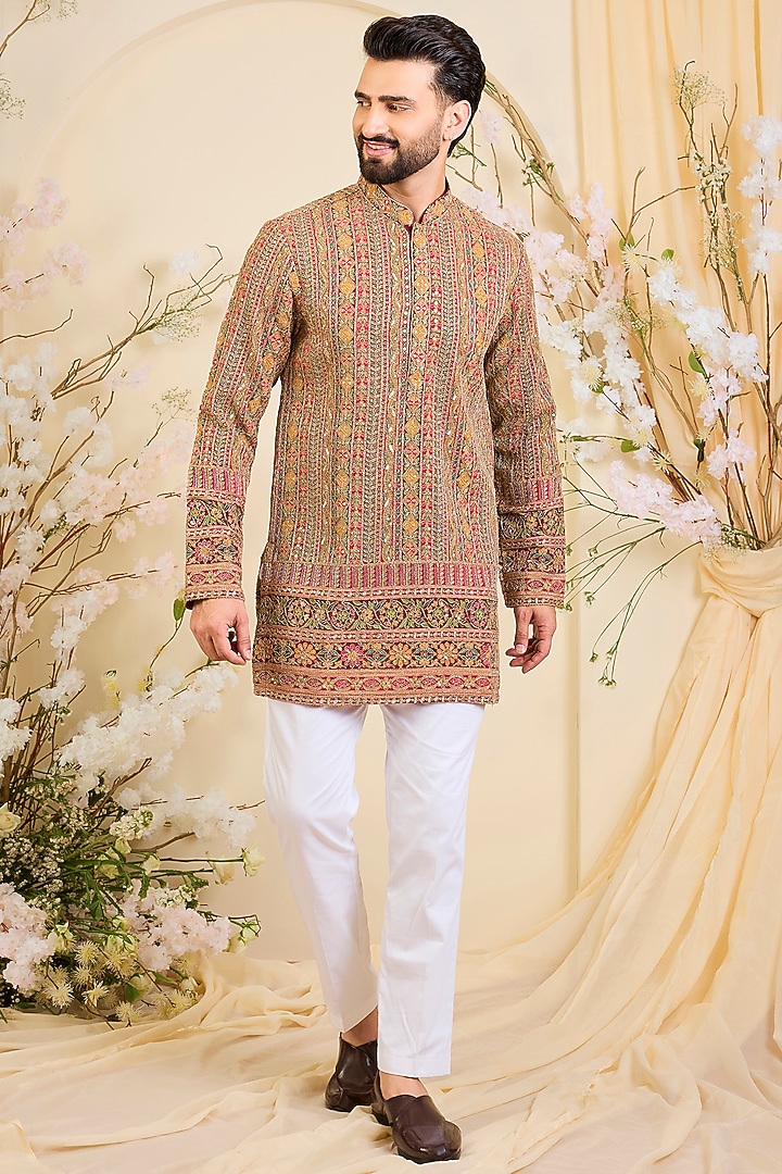 Multi-Colored Georgette Zari Embroidered Short Kurta by Kasbah Clothing at Pernia's Pop Up Shop