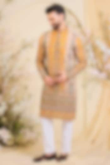 Mustard Yellow Crepe Printed & Zari Work Kurta by Kasbah Clothing at Pernia's Pop Up Shop