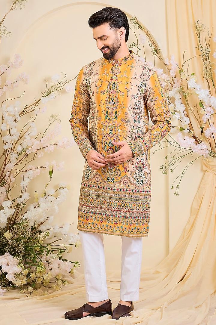 Mustard Yellow Crepe Printed & Zari Work Kurta by Kasbah Clothing at Pernia's Pop Up Shop
