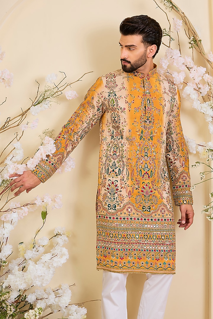 Mustard Yellow Crepe Printed & Zari Work Kurta by Kasbah Clothing at Pernia's Pop Up Shop