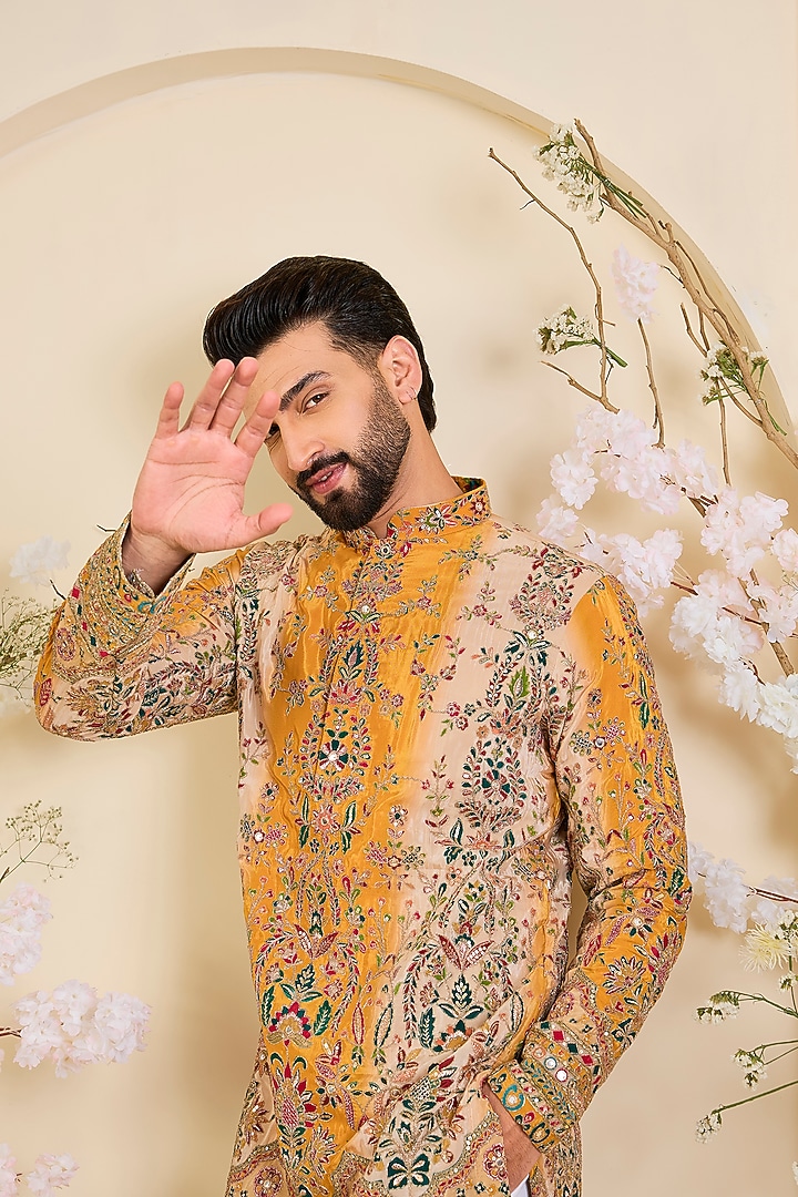 Mustard Yellow Crepe Printed & Zari Work Kurta by Kasbah Clothing at Pernia's Pop Up Shop