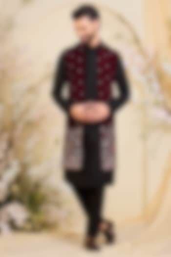 Maroon Velvet Hand Embroidered Long Open-Jacket by Kasbah Clothing at Pernia's Pop Up Shop