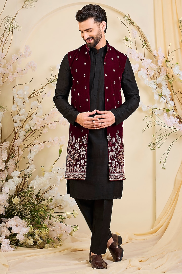 Maroon Velvet Hand Embroidered Long Open-Jacket by Kasbah Clothing at Pernia's Pop Up Shop