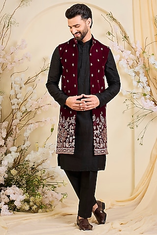 Maroon Velvet Hand Embroidered Long Open-Jacket by Kasbah Clothing