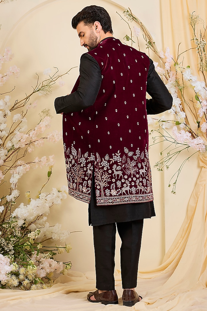 Maroon Velvet Hand Embroidered Long Open-Jacket by Kasbah Clothing at Pernia's Pop Up Shop