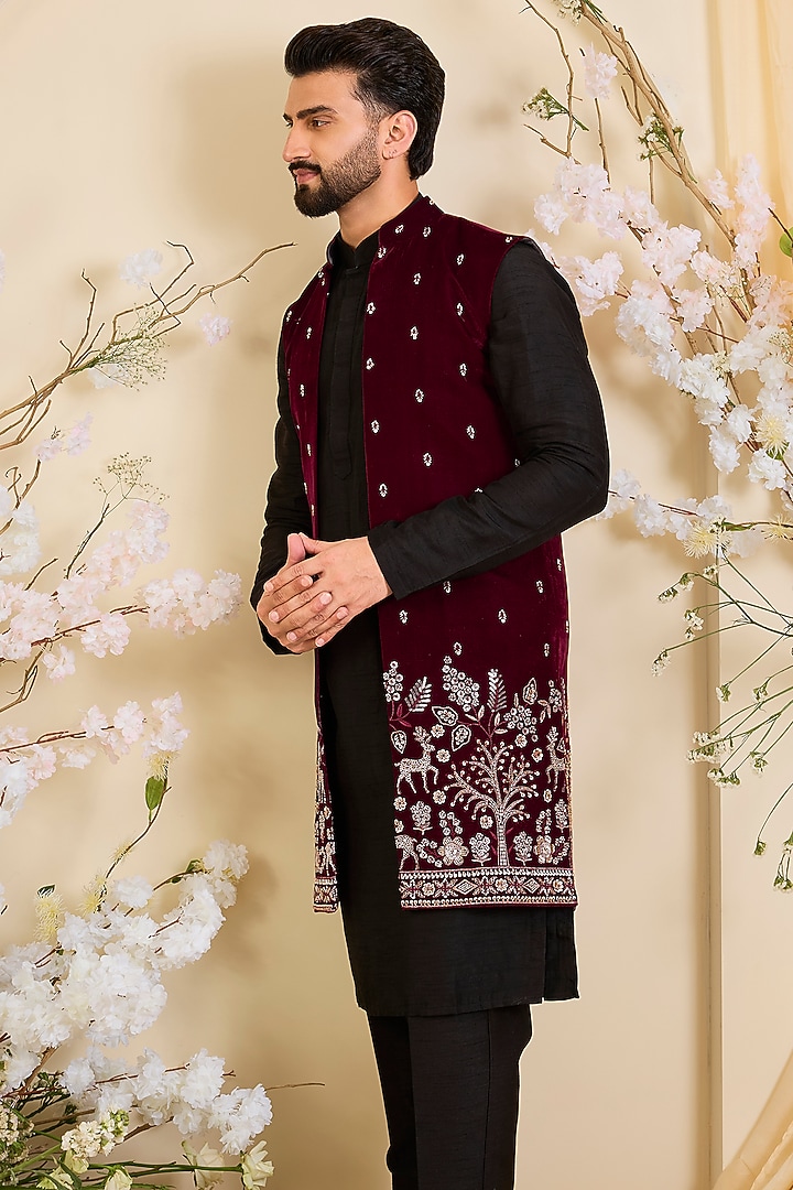 Maroon Velvet Hand Embroidered Long Open-Jacket by Kasbah Clothing at Pernia's Pop Up Shop